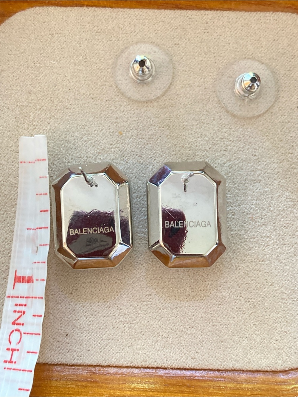 Balenciaga Silver 'B' Logo Octagon Stud Earrings - Picture 4 of 4